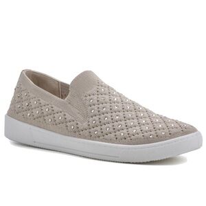 FASHION SLIP ON SNEAKER, KNIT FABRIC WITH BLING ACCENTS WHITE MOUNTAIN. SIZE 8